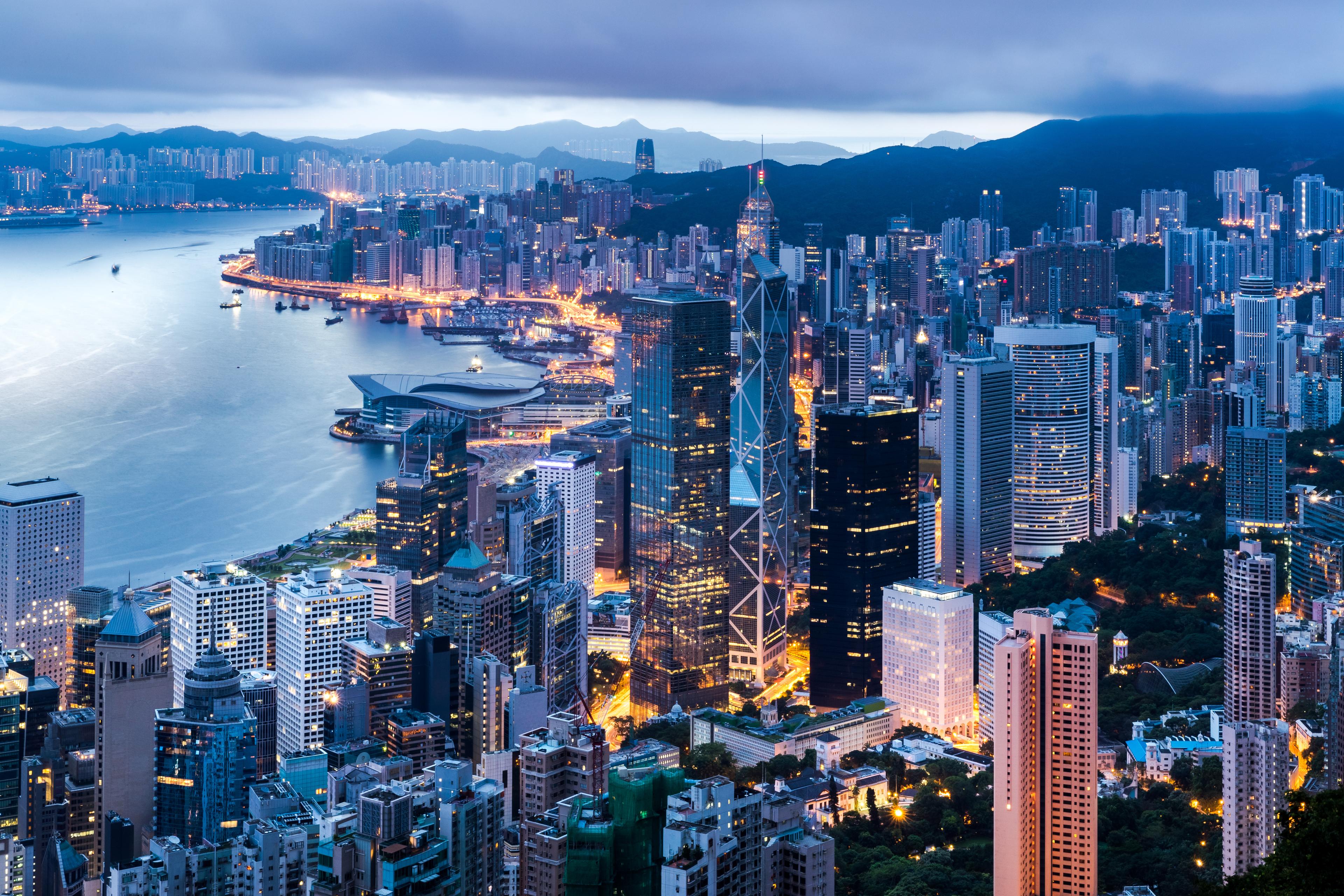Skyscrapers in a large city at night